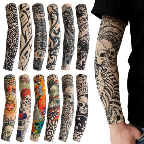 Amazleer Tattoo Ärmel Set 12 Stück Gefälschte Sonnencreme Armlinge Nylon Armstrumpf für Karneval Temporäre Tätowierung Sonnenschutz (Multicolor)