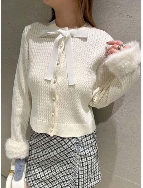 Amazon | リボン付き袖口ファーカーディガン RWNT251033SAXF