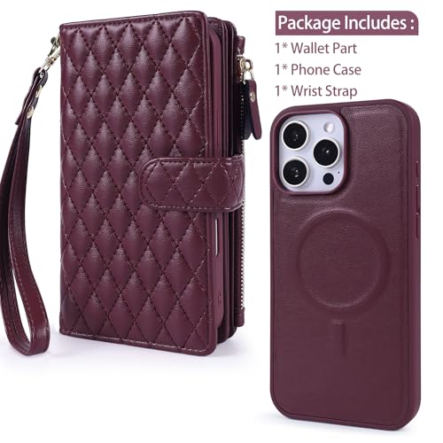 2 in 1 for iPhone 16 Pro Wallet Case Magnetic Compatible with Magsafe RFID Blocking Card Holder Detachable Phone Cover Zipper Purse Kickstand Wrist Strap for Men Women 6.3" 2024 Quilted Burgundy by Harryshell - Used condition - Image 7