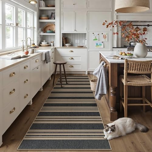 PureCozy Striped Easy Jute 2x8 Kitchen Runner Rug Black Washable Outdoor Carpet for Hallway Non Slip Farmhouse Neutral Indoor Outdoor 2'6"x8 Long Rug Bathroom Bedroom Laundry Entryway