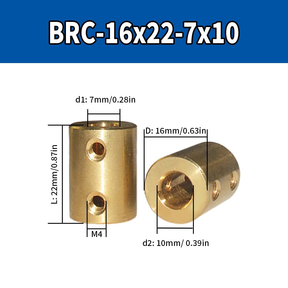 2PCS 7mm to 10mm Bore Rigid Coupling, L22 x D16 Set Screw Shaft Coupler Brass Motor Connector for 3D Printers, Motor Accessories, RC Boat Car Airplane