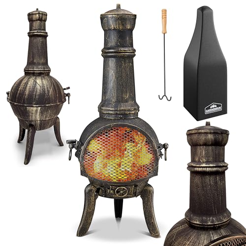 GARDEBRUK® Chiminea Cast Iron Patio Stove with Cover & Poker | La Hacienda Mexican Log Burner | Outdoor Garden Fire Pit | Terrace Fireplace | Wood Burning | Brazier Heater 28kg 112cm Black
