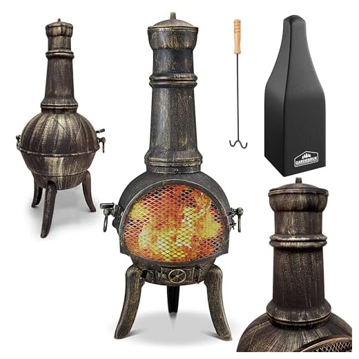 GARDEBRUK® Chiminea Cast Iron Patio Stove with Cover & Poker | La Hacienda Mexican Log Burner | Outdoor Garden Fire Pit | Terrace Fireplace | Wood Burning | Brazier Heater 28kg 112cm Black