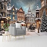 Individuelle Größe, schneebedeckte Stadt mit Pferdekutsche und festlichen Winterlichtern, selbstklebend, abnehmbar, zum Abziehen und Aufkleben, für Wohnzimmer, Schlafzimmer, Geschäft, Büro, Kinder