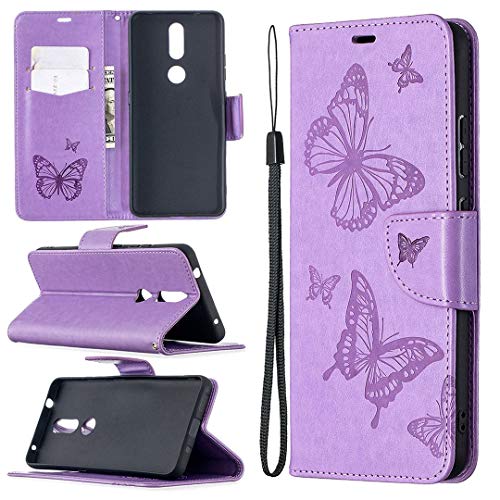SATURCASE - Funda para Nokia 2.4 (piel sintética, función atril), diseño de mariposas en relieve, con ranuras para tarjetas y correa de mano, color morado