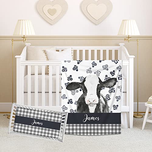 Personalized Baby Crib Bedding Sets for Baby Boy, Custom Cute Cow Baby Girl Crib Bedding Set with Name, Blue Nursery Bedding, 2 Piece Bedding Sets, Name Crib Comforter, Crib Fitted Sheets for Babies