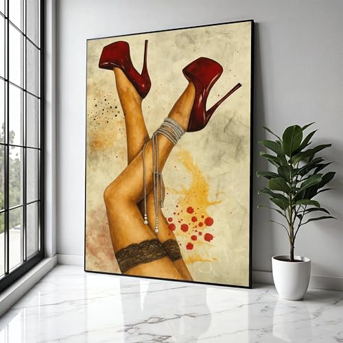 Toile talons aiguilles rouges décoration murale jambes sexy bas dentelle