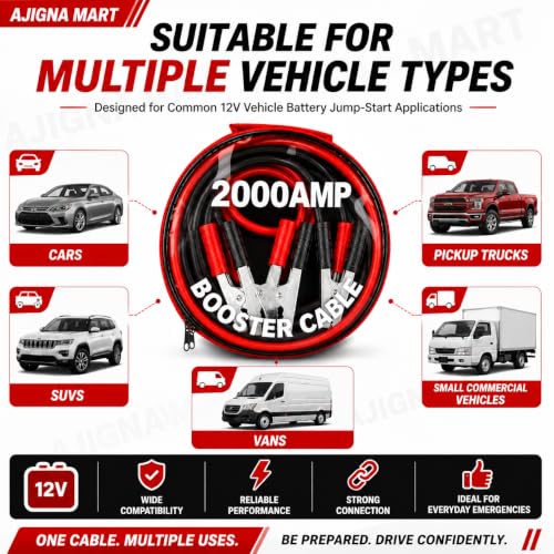 Image of AJIGNA MART 2000 AMP Booster Cable for Car Battery | Premium Heavy Duty Jumper Cable with Alligator Wire Clamps | Jump Start for Dead Batteries | Off-Road Emergency Auto Cable