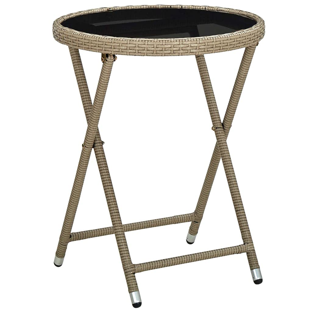 SXZenSpace Foldable Garden Coffee Table 60 x 75 cm Beige PE Rattan & Tempered Glass Outdoor Bistro with Space-Saving Design for Patio, Balcony Camping