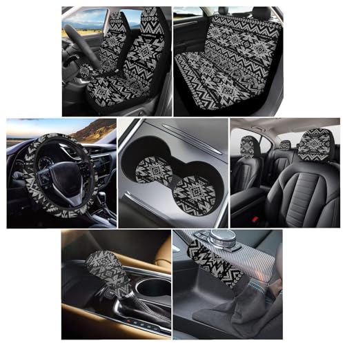 Wanyint Black Aztec Print Car Seat Cover for Women Men Full Set Steering Wheel Cover Shift Knob Handbrake Protector Coasters Head Rest Covers Universal Fit Most Cars SUV Sedan by Wanyint - Image 2