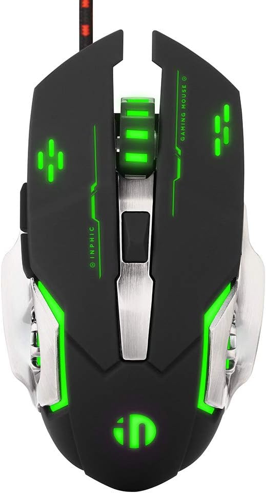Silent Click Mouse, Inphic Wired Gaming Mouse with 6 Macro Programmable Buttons, USB Optical PC Laptop Computer Ergonomic Quiet Mice, 4800DPI , 7 RGB Breathing LED Backlit