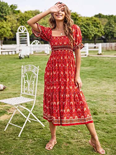 Naggoo Women's Square Neck Bohemian Long Dress Summer Floral Print Ruffle Short Sleeve Beach Party Maxi Dress #TOP1
