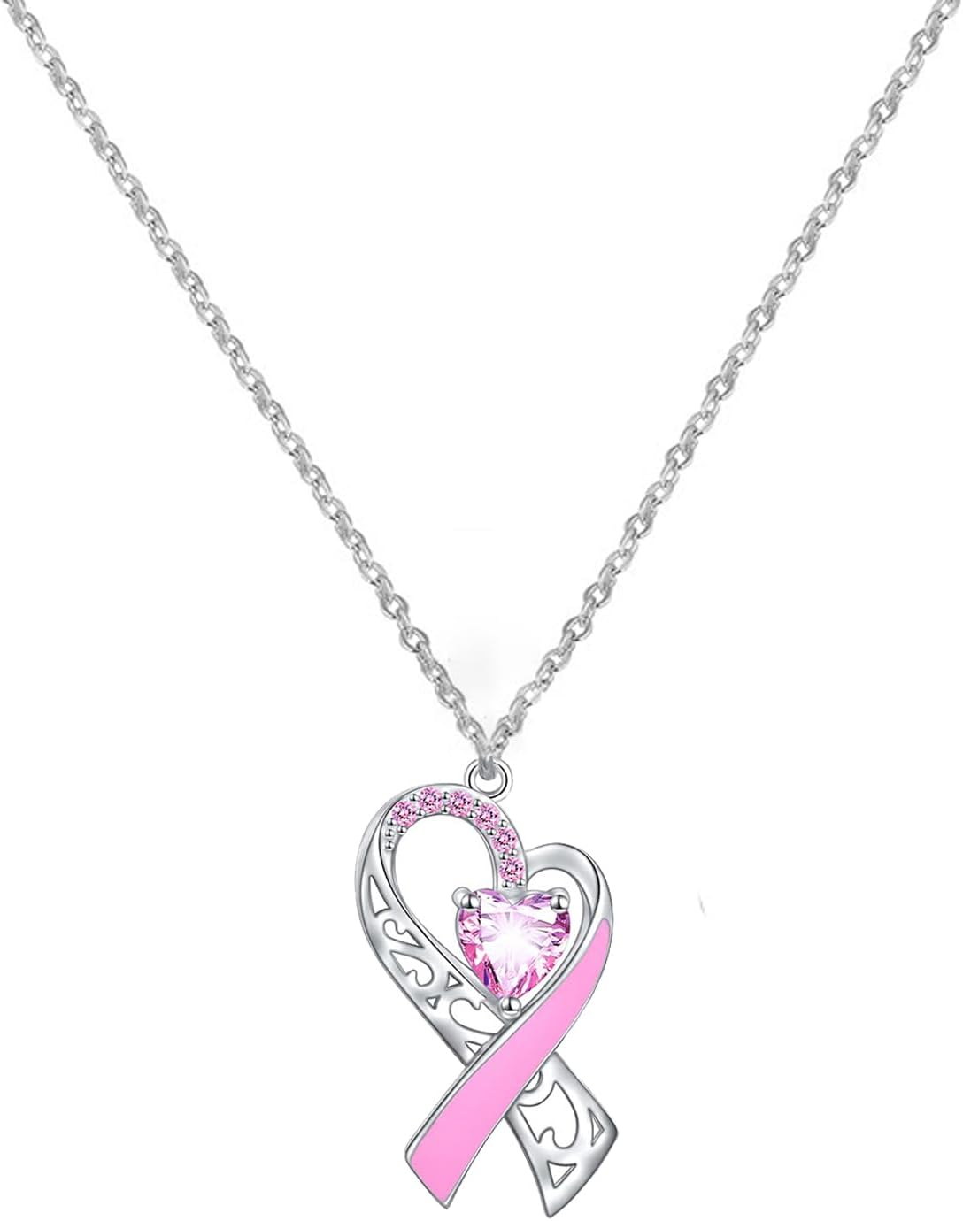 Breast Cancer Awareness Necklace Earring for Women, Pink Ribbon Heart Dangle Drop Pendant Survivor Gifts Supporter Inspirational Jewelry
