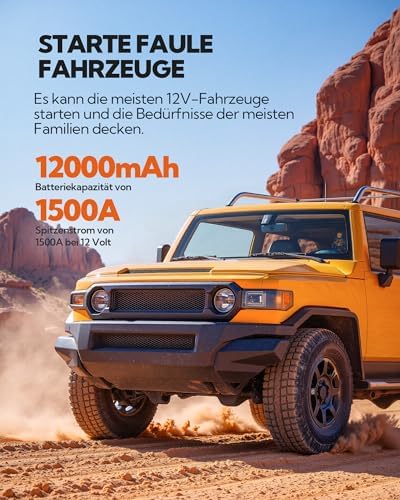 Bild 1 - Starthilfe Powerbank für PKW mit 7 in 1 Portablem Luftkompressor,Powerpack kfz Booster mit 12000 mAh,Auto Jump Starter Batterie mit LED Lampe und USB-C Ladung,Reiseset und Notfallwerkzeug