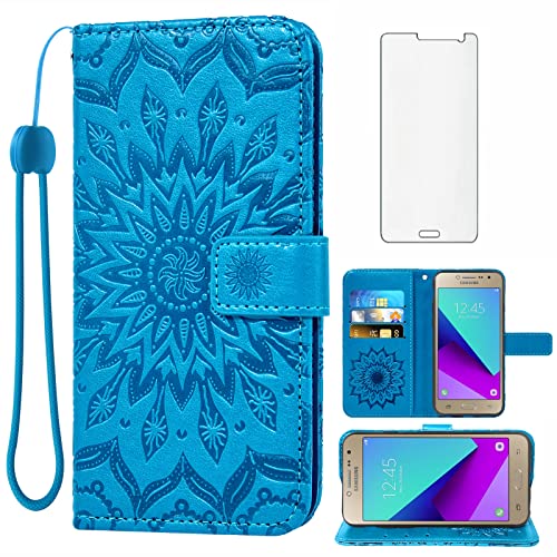 Phone Case for Samsung Galaxy Grand Prime J2 Prime Wallet Cases with Tempered Glass Screen Protector and Leather Flip Cover Card Holder Stand Cell Accessories Glaxay GrandPrime J2Prime Women Men Blue