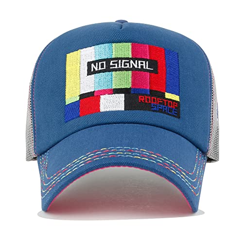 Ililily X Rooftop Space Colorful Retro Embroidery Mesh Trucker Baseball Cap, Screen Blue #TOP1