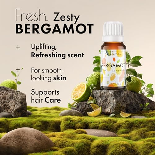 Image of Esslux Bergamot Essential Oil for Diffuser & Skin | 100% Natural Bergamot Oil for Hair, Aromatherapy, Shampoo & Soap Making | Uplifting Citrus Scent for a Refreshing Experience, 60 ML