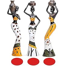 Rayberro 3 Pack African Women Sculpture, 7.5" Exotic Tribal Lady Figurine, Black Statue Home Office Decor, Vintage Collectible Art Crafts Desktop Ornaments Decorations Gift Yellow