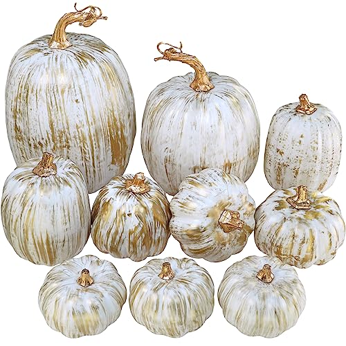 Winlyn 10 Pcs Assorted Fall Artificial Pumpkins - Gold &