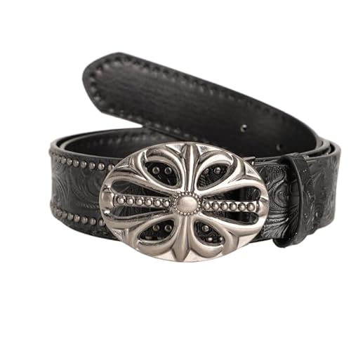 Wojgzon Y2K-Studded-Belt for Women & Men - Alt Emo Gothic Vintage Black Western Flower Leather Cowboy Cowgirl Belt for Jeans
