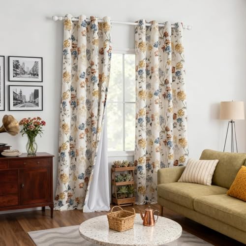 Image of Roseate True White Out Curtains (9 Feet /Set of 1) Printed 80% Room Darkening Curtain for Bedroom, Living Room (Ivory /Willow / 116x275 cm)
