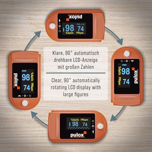 Pulsoximeter Pulox PO-200 Solo in Orange - Messung von Sauerstoffsättigung (SpO₂), Herzfrequenz (Puls) und Perfusions Index (PI)