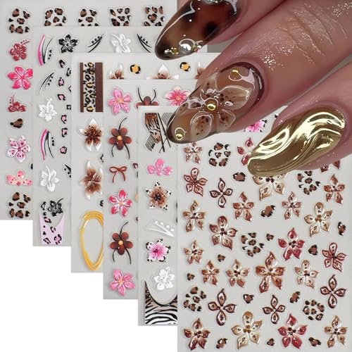 6 Pcs Fall Winter Flower Nail Art Stickers Decals Leopard