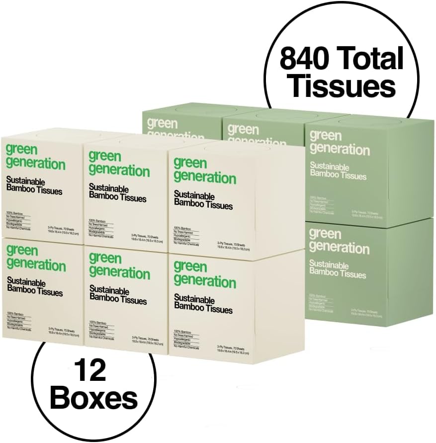 Green Generation Bamboo Facial Tissues Cube Boxes - 3-Ply, 70 Sheets/Box, 12 Multicolor Face Tissue Boxes, 840 Unscented Organic Soft Paper Facial Tissuefor Daily Use - Hypoallergenic,FSC Certified - Image 2