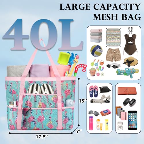 Image of Fammart Mesh Beach Bag for Women, Large Beach Toy Pool Bag with Zipper Pocket, SandProof Cruise Essentials 2026 Family Travel