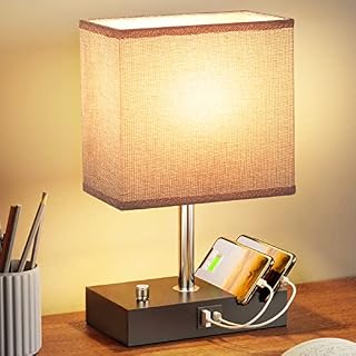 Seealle Fully Dimmable Table Lamp for Bedroom with USB A+C Charging Ports, USB Bedside Lamp with Gray Fabric Shade and Phone Stands, Small Bedroom Lamp for Living RoomLED Bulb Included