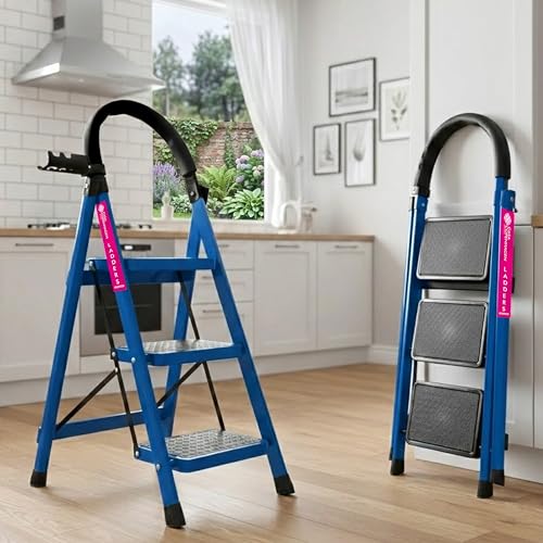 Image of Casa Copenhagen Blue 3 Step Ladder for Home Use with Built-in Tool Tray | Heavy Duty D Shape Rods | Ultra Large Platform | Wide Rubber Feet | 150Kg Capacity Foldable Ladder - 7 Years Warranty