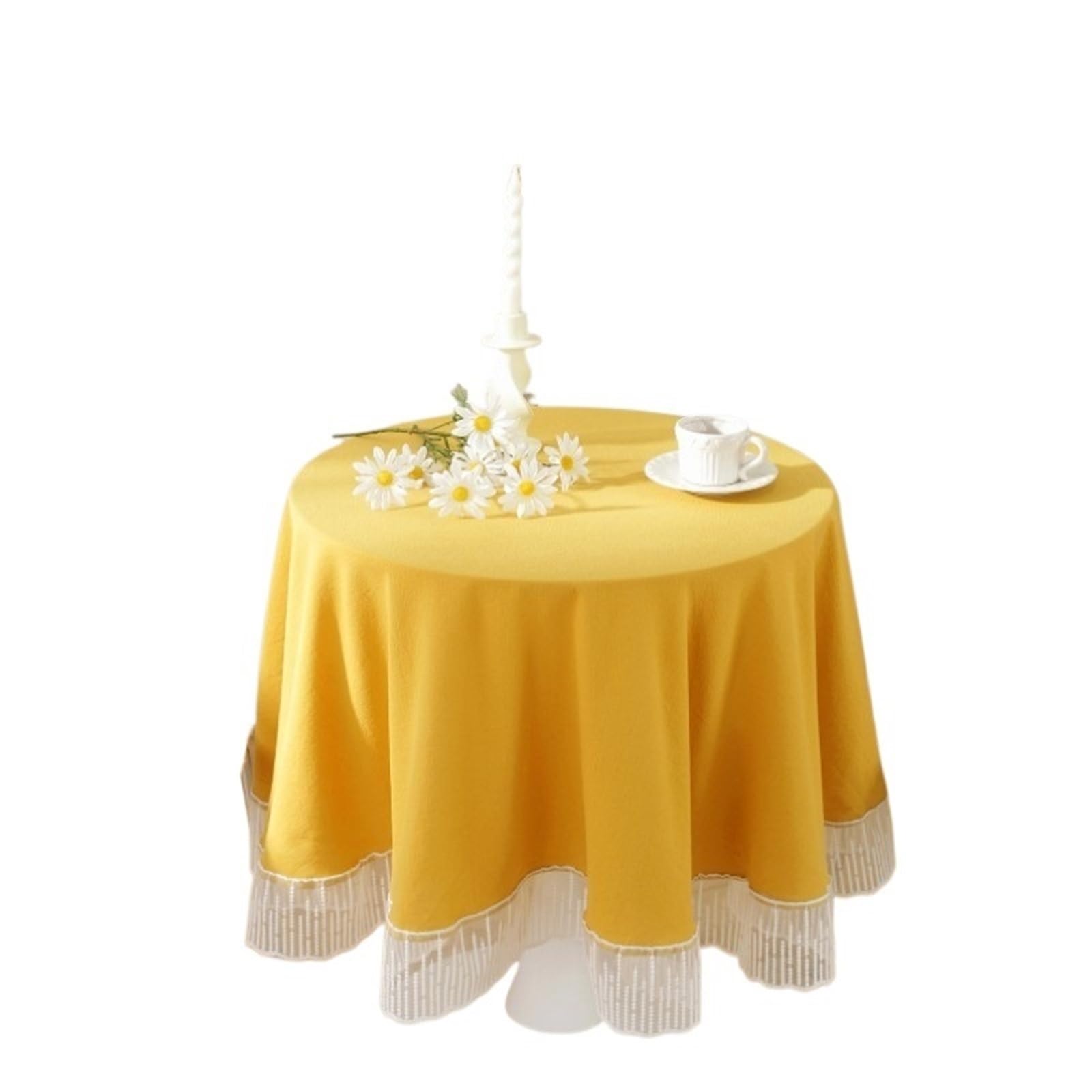 ZNTIHZ Cotton Linen Bedside Table Cover Solid Edge Decor Tablecloth Round For Tea For Furniture Dresser(Yellow,Diameter 150cm)