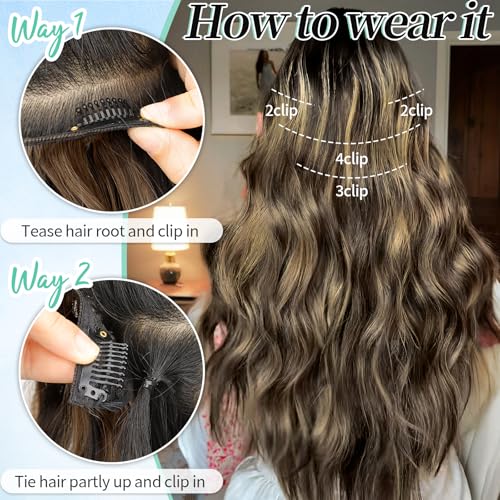 Image of KooKaStyle Wavy Thick Clip in Hair Extensions 20 inch Brown mix Sandy Blonde | 4 Pieces Clip in Extensions,Fiber Double Weft Hairpieces,Natural Volume,Beach Wave Long Synthetic Hairpieces for Women