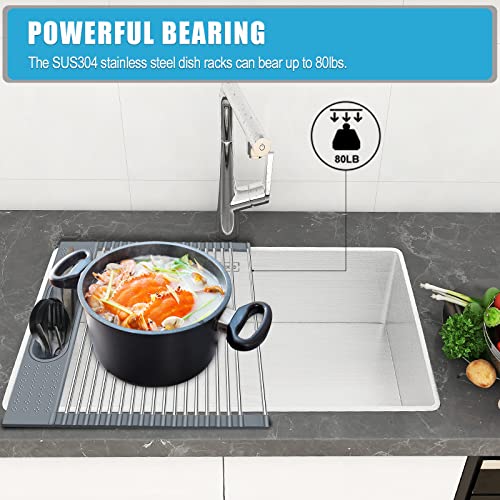Roll Up Dish Drying Rack, Over The Sink Dish Drying Rack For Kitchen Counter Sink, Stainless Steel Sink Drying Rack With Utensil Holder, Multipurpose Foldable Kitchen Sink Rack Mat -Grey(17.3" X15.3") #TOP7