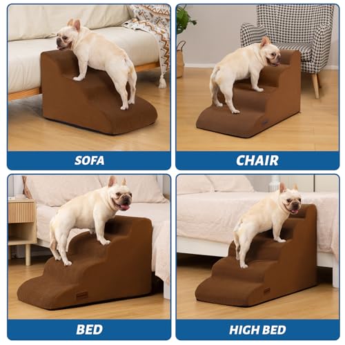 Image of Aodisman Dog Steps for Bed or Couch,4-Step Pet Stairs Ramp for Small Dogs | 17.4 inch H Indoor Non-Slip Dog Stairs Help Senior Dogs,Short-Legged Breeds,Puppies and Cats to Reach Beds and Chairs,Grey,Brown
