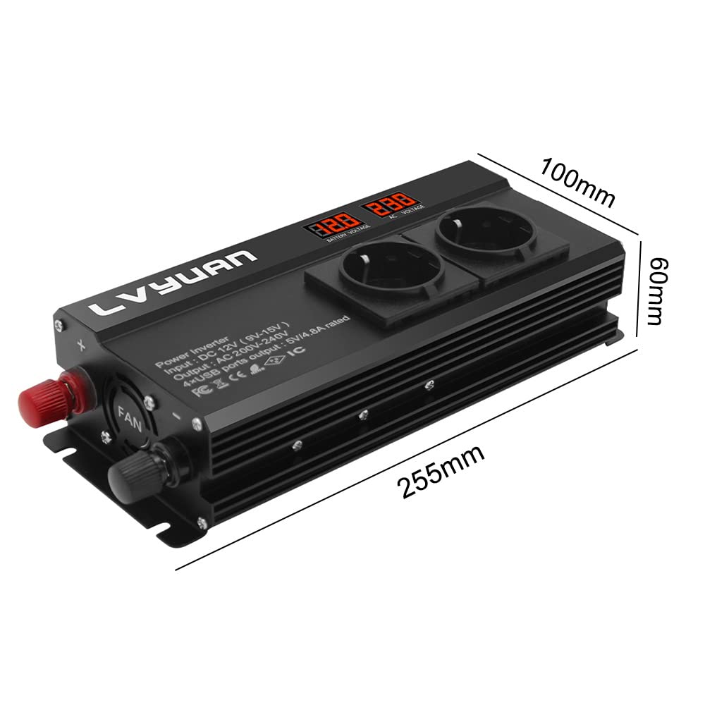 LVYUAN Convertisseur 12V à 220V 800W/1600W Onduleur avec 4 Ports USB, 3 AC et 2 LED Display
