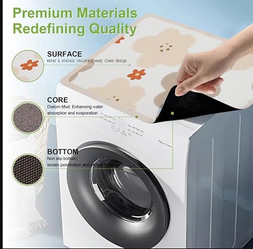 Image of HomeCloud Washing Machine Protective Mat for Top of Washer and Dryer - Non-Slip Waterproof Dust Cover for Laundry & Kitchen (60 x 60) (Beige Flowers)
