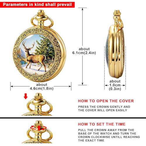 Image of Deer Pocket Watch for Men Pocket Watches with Chain Gift for Father's Day | Vintage Deer Case Pocket Watch Mens Quartz Watches with Chains Christmas Graduation Birthday Gifts Fathers Day