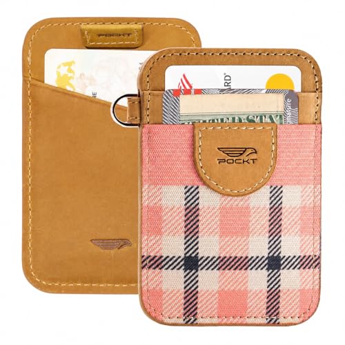 Image of POCKT Slim Card Holder Wallet For Men and Women - Minimalist Front Pocket Wallet Elastic Credit Card Holder Genuine Leather RFID Blocking Card Case Wallets, Pink Plaid, Minimalist