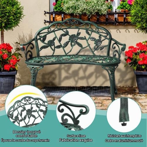 Bonnlo Banc Exterieur Jardin en Aluminium Moulé|Style Vintage avec Motif de Roses|Banquette,Bancs de Jardin Robuste pour Terrasse, Balcon et Patio|Vert Antique