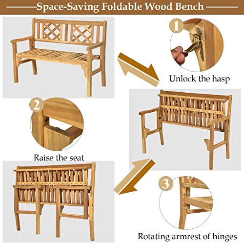 Sporfit Rustic Garden Bench, Foldable Outdoor Bench W/High Back & Armrest, 4 Ft Acacia Wood Bench, 2-Person Loveseat Chair For Front Porch, Patio, Backyard & Park, Light Teak Finish #TOP4