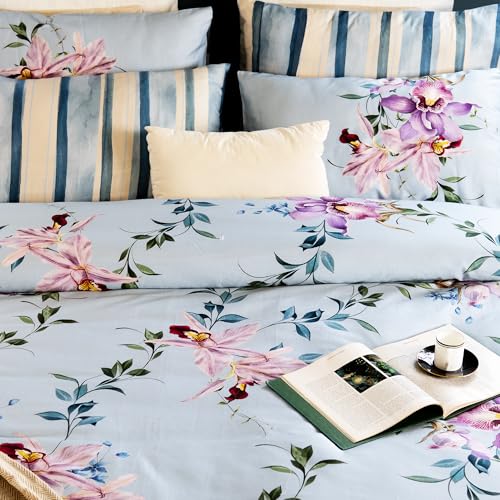Image of Digitally Printed Premium Bedsheet Set | 300 TC 100% Cotton 1 Queen Bedsheet Set | Extra Smoothness with Sateen Weave| Orchid Blue Bedsheet Set (1 Flat Sheet + 2 Pillow Cases)