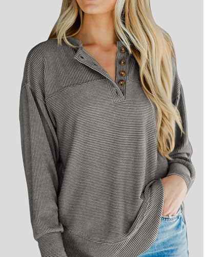 KIRUNDO Going Out Tops for Women Henley Shirts 2025 Casual Ribbed Knit Long Sleeve Tunic Summer Fall Button V Neck Blouse(Grey, X-Large) — view 3