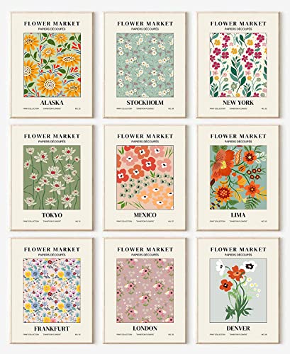 Flower Market Poster Set Of 9, Abstract Flower Market Wall Art Prints For Room Aesthetic, Vintage Colorful Floral Wall Art Decor, Minimalist City & Flower Painting Pictures For Bedroom, Living Room, Gallery, Boho Room Decor（8X10Inch, Unframed) #TOP12