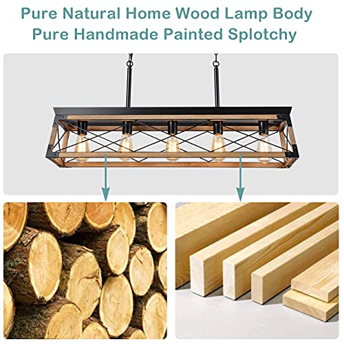 Airposta Farmhouse Rustic Wood Chandelier, 5 Lights Metal Rectangle Dining Room Swag Lighting, Kitchen Island Industrial Linear Cage Pendant Light Fixtures Hanging Lamp #TOP2