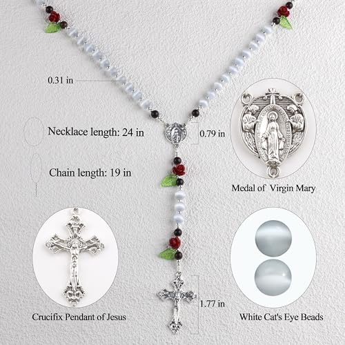 8mm White Cat's Eye Beads Catholic Rosary Necklace with Coral Rose Glory Beads in Virgin Mary PU Leather Bag for Women3