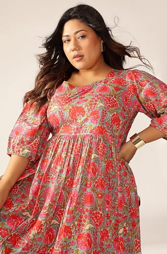 Image of Janasya Women's Plus Size Pure Cotton Floral Printed Flared Dress