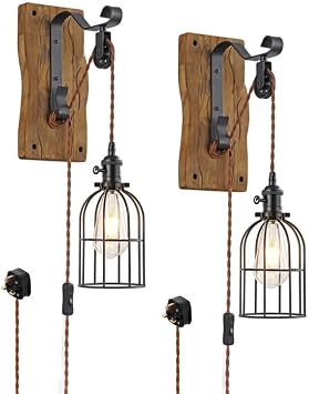 Vintage Wall Sconces Set of Two Plug In,Rustic Pulley Wall Lamps for Bedroom,Hanging Lights with 6.5ft On/Off Switch Cord,Black Rustic Wall Lamp for Bedroom Bedside Living Room Farmhouse D cor. [Energy Class A]