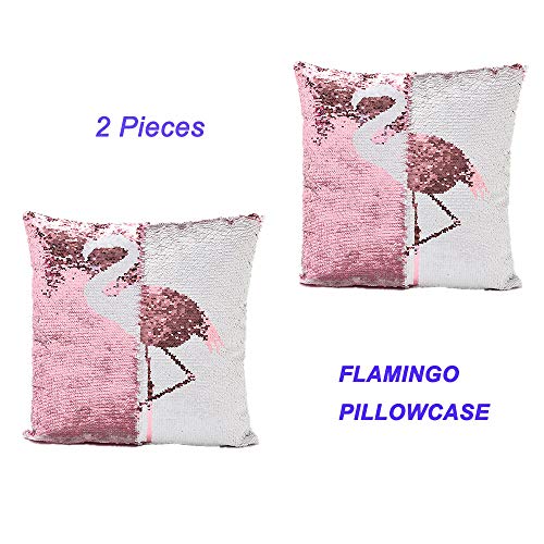 Magic Double Colors Reversible Sequin cushion pack Mermaid Lumbar Pillow Cover Glitter Sofa Throw Cushion Case?15.7 * 15.7 40 * 40cm? (Flamingo 2 pcs)