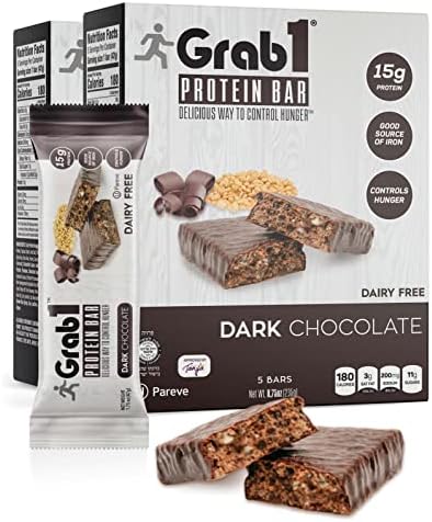 Grab1 Dairy Free Protein Bars Coated in Rich Dark Chocolate | 15 Grams Protein | (2 Pack - 10 Bars) Controls Hunger | Vegan Friendly | Certified Kosher | Delicious Tasting | Low Calorie | Great Meal Replacement or Snack